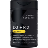 Sports Research Vitamina D3 + K2, botella frontal, con potencial apoyo a la salud ósea
