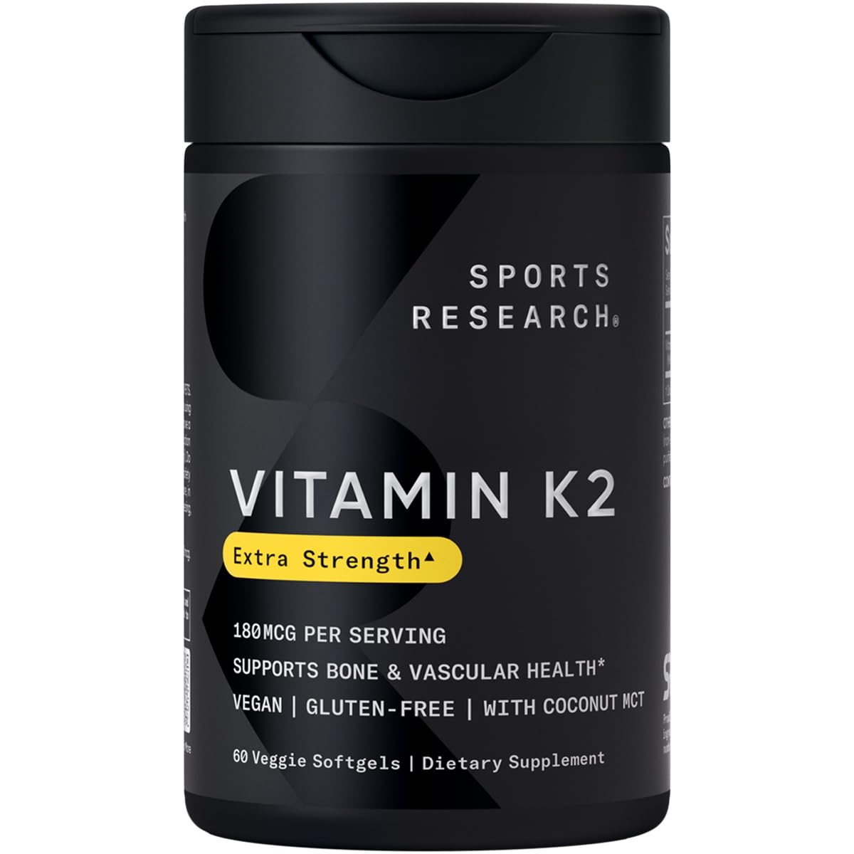 Sports Research Vitamina K2 MK7 en frasco vegano con aceite de coco para absorción óptima.