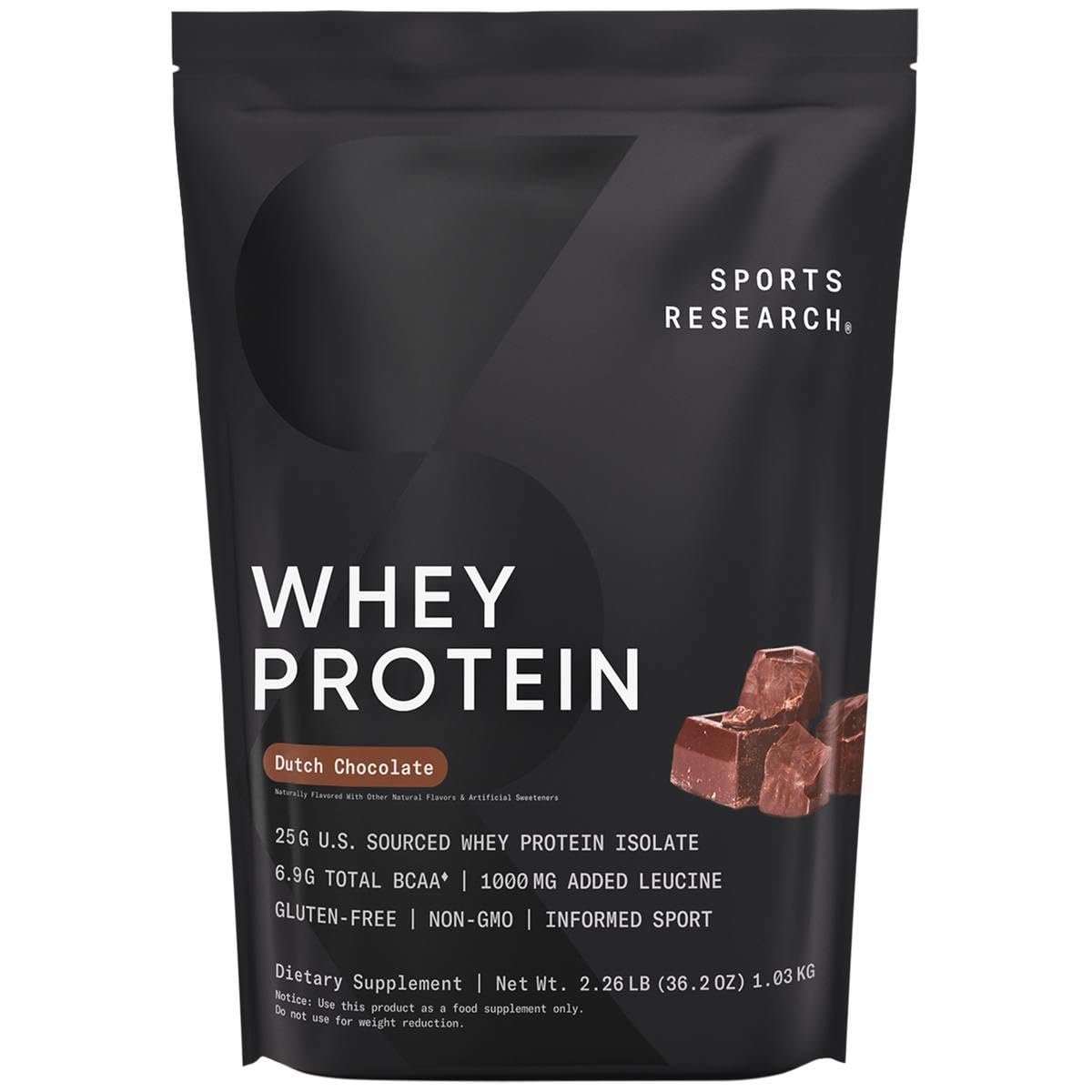 Sports Research Whey Isolate en envase; apoyo a la musculatura magra.