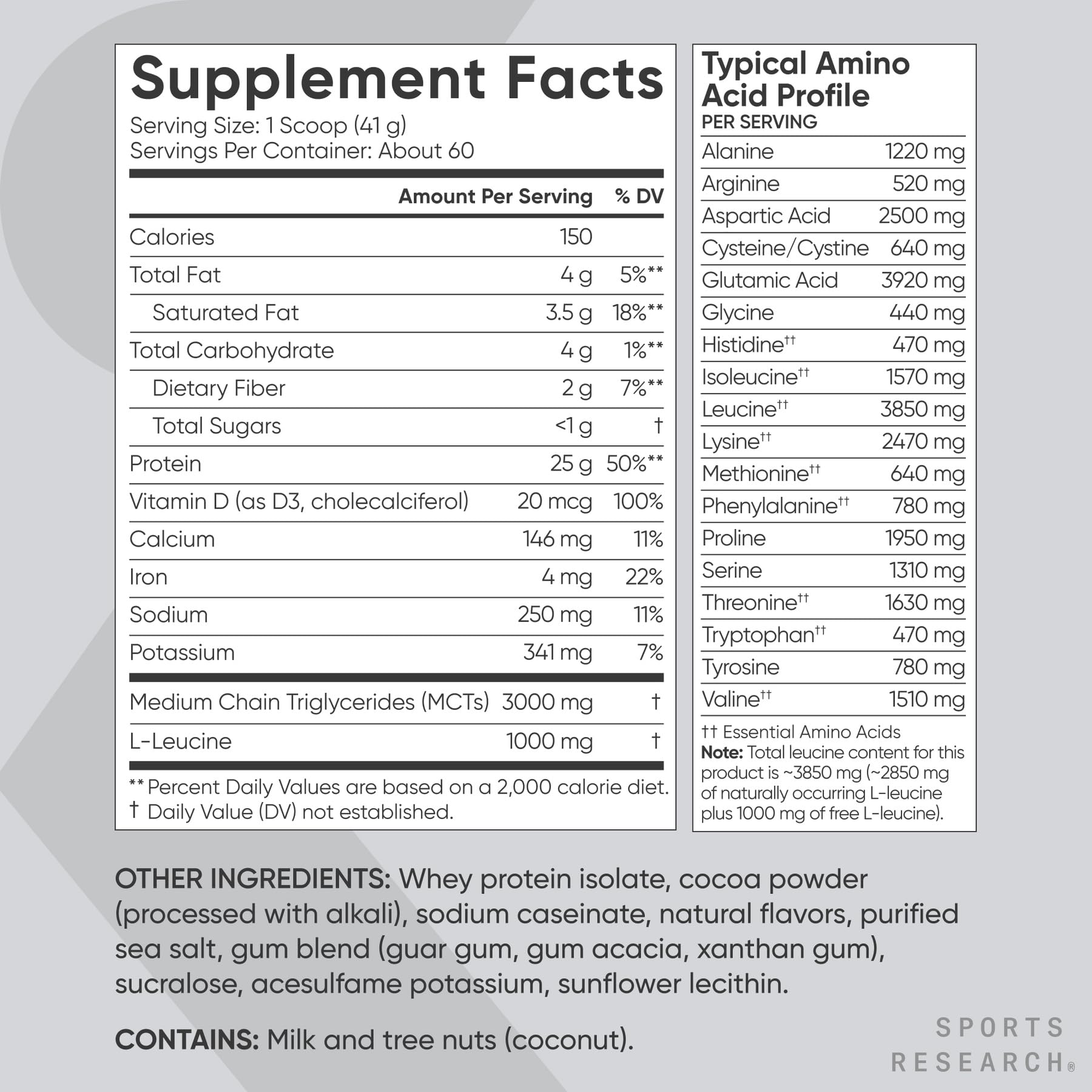 Sports Research Whey Protein Isolate nutrition label showing non-GMO and gluten-free