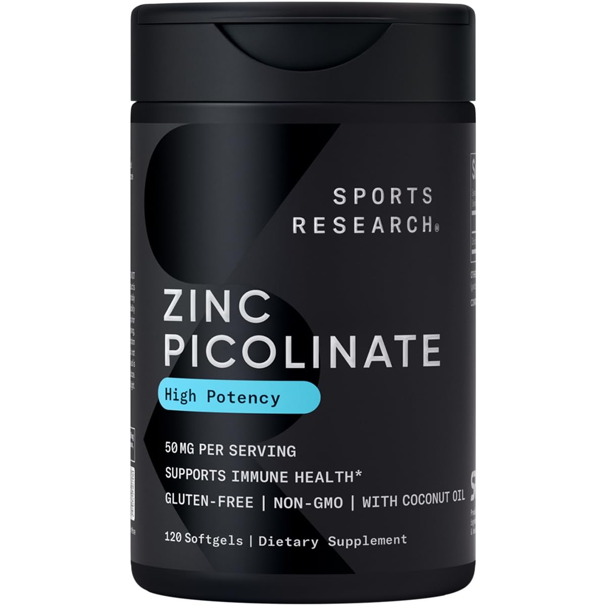 Sports Research Zinc Picolinato 50 mg cápsulas blandas cercanas, favorece absorción y función enzimática.