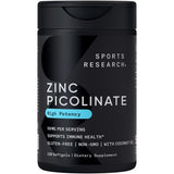 Sports Research Zinc Picolinato 50 mg cápsulas blandas cercanas, favorece absorción y función enzimática.