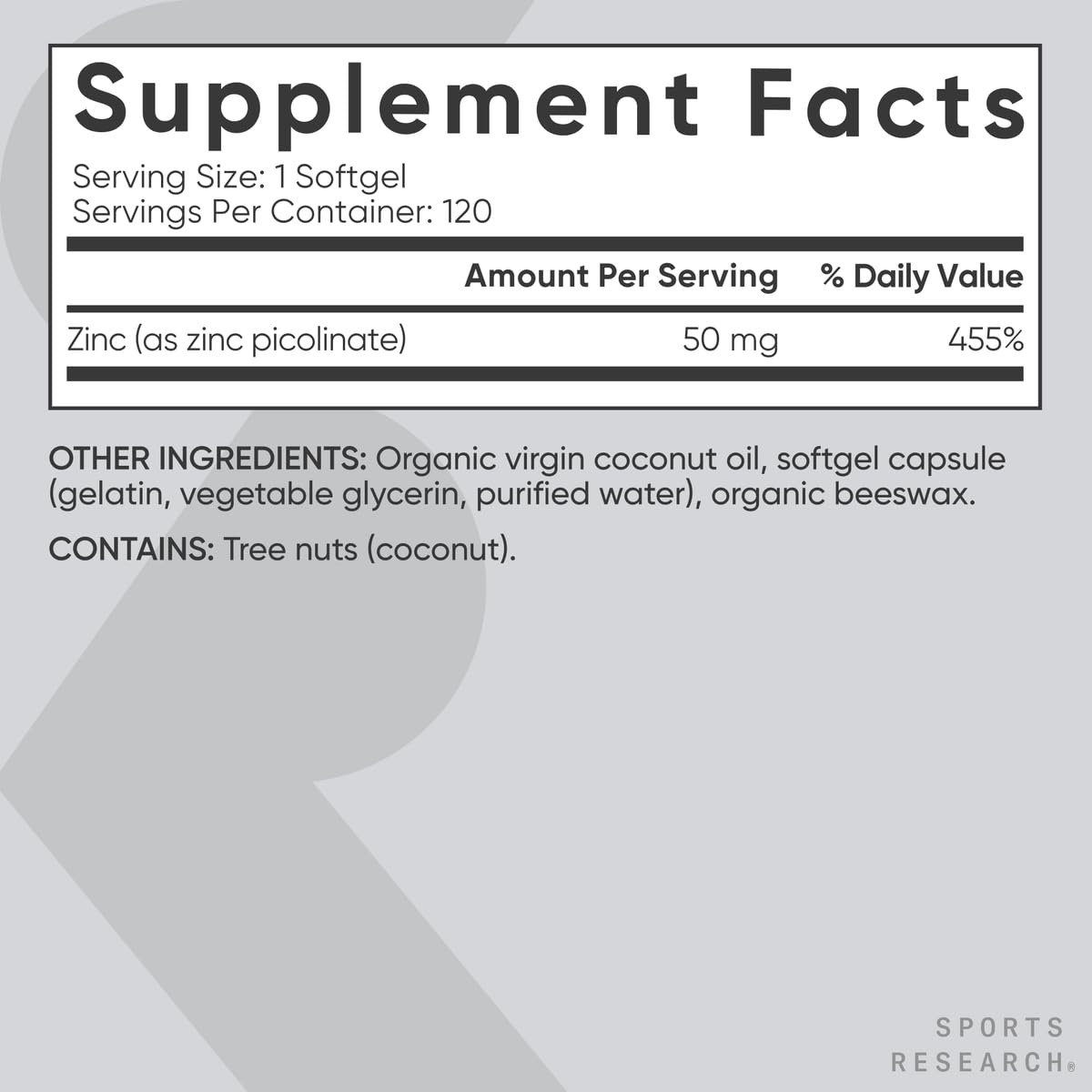 Sports Research Zinc Picolinato 50 mg propiedades nutricionales y composición clara.