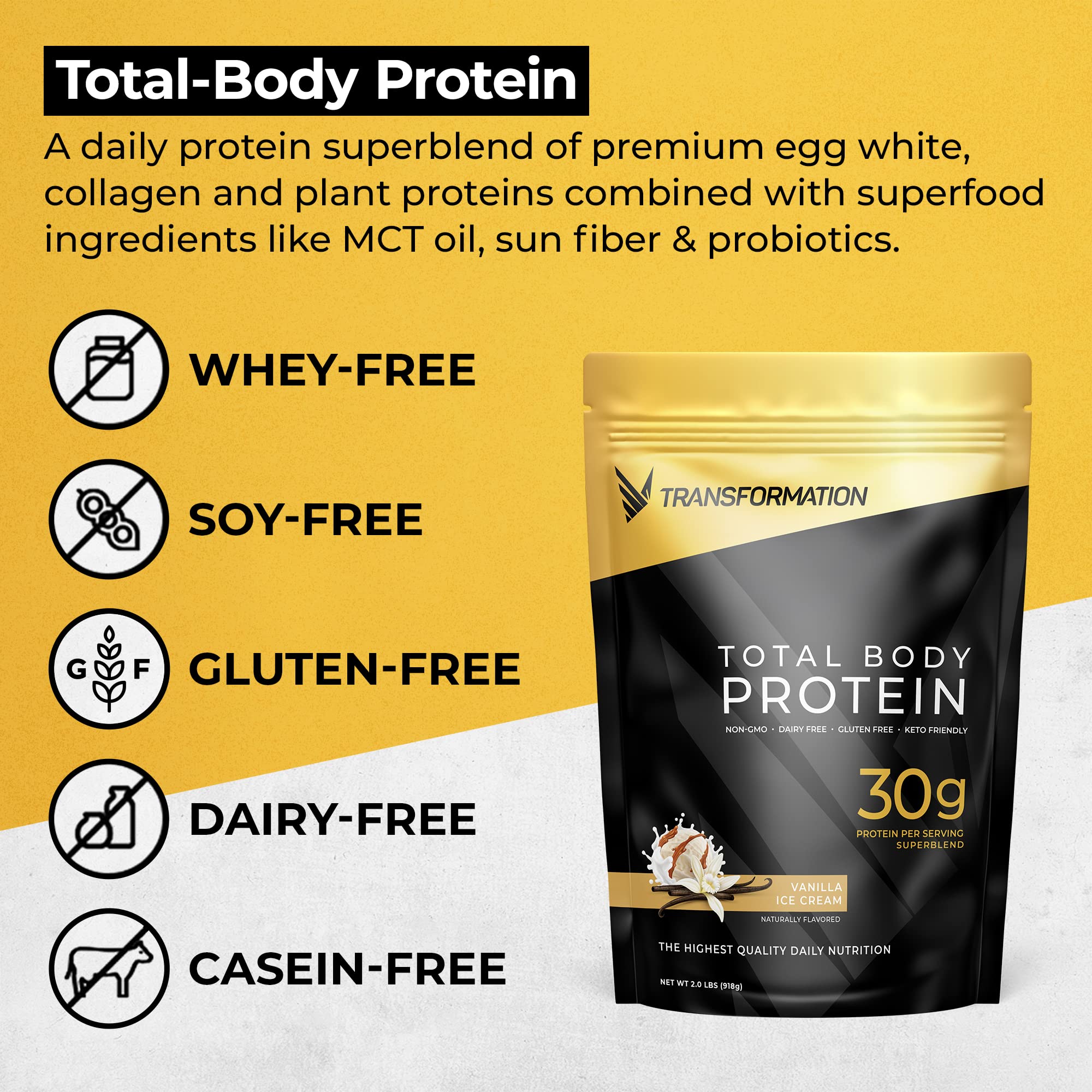 SPR BODY Transformation Protein Vanilla, bote etiquetado para confianza y transparencia en ingredientes.