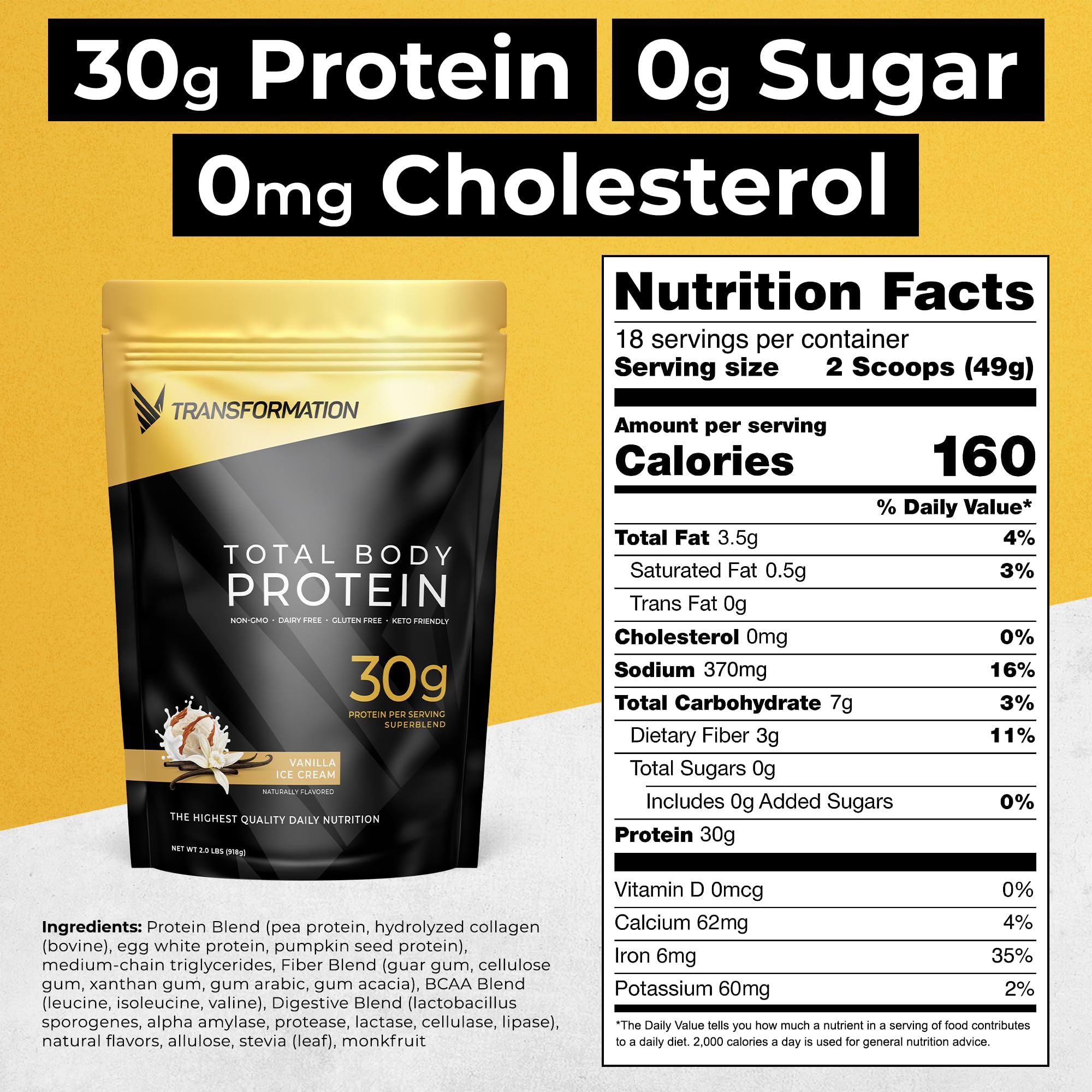 SPR BODY Transformation Protein Vanilla, primeros planos de mezcla e ingredientes para recuperación muscular.