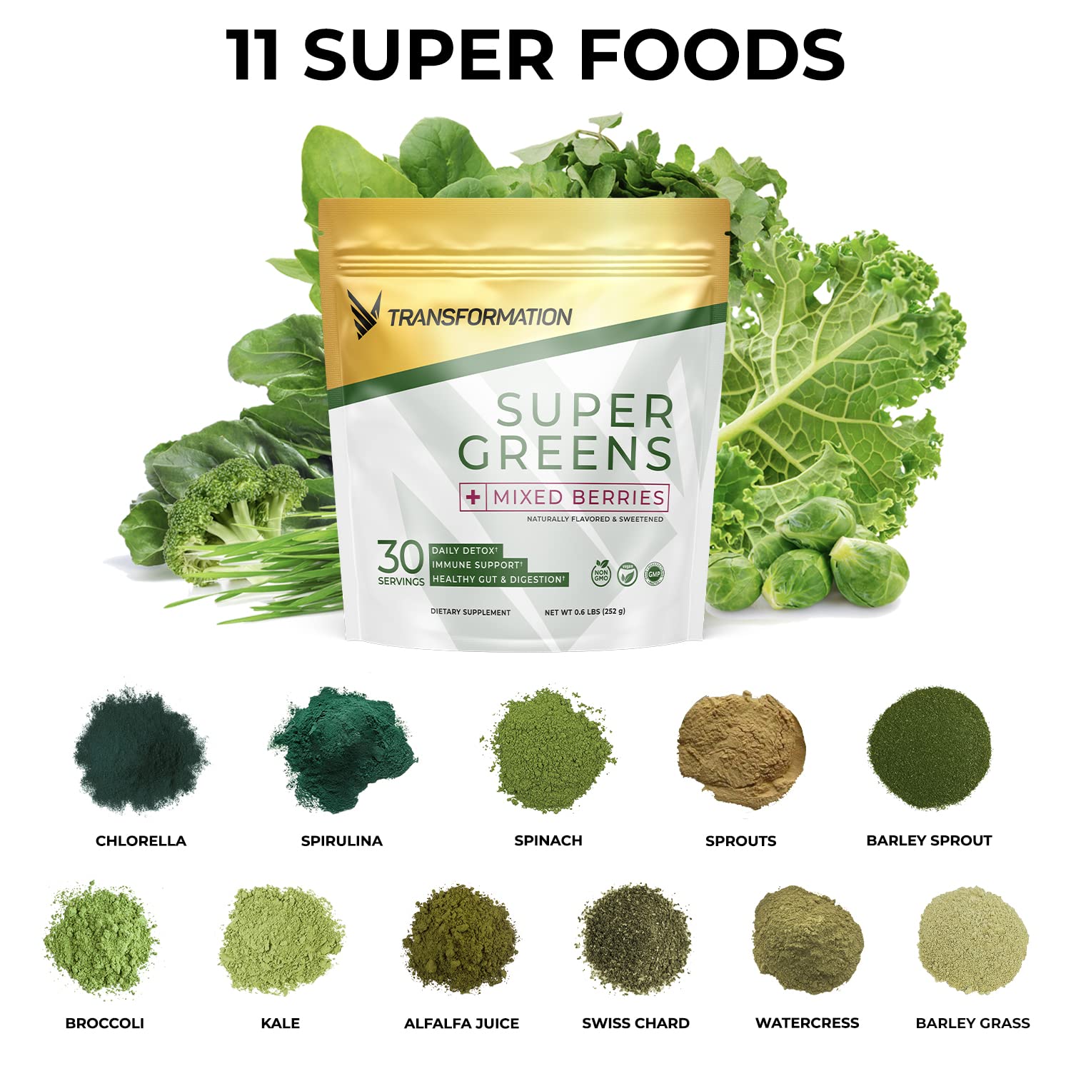 SPR BODY Transformación Super Greens etiqueta natural, producto natural para bienestar diario.
