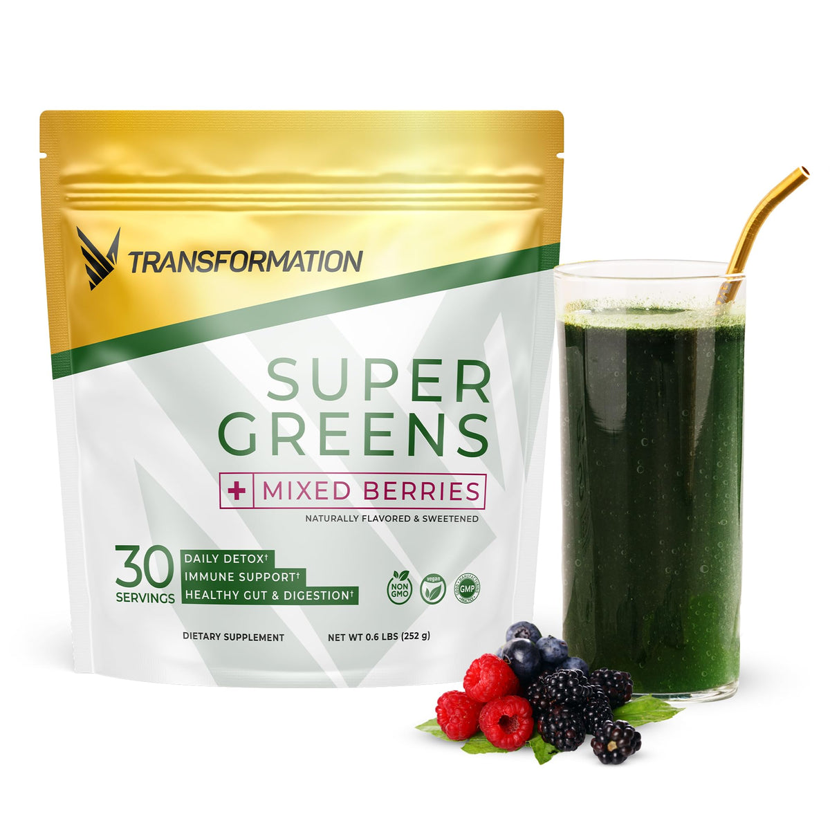 SPR BODY Transformación Super Greens polvo, soporte inmunitario y energía con ingredientes naturales.
