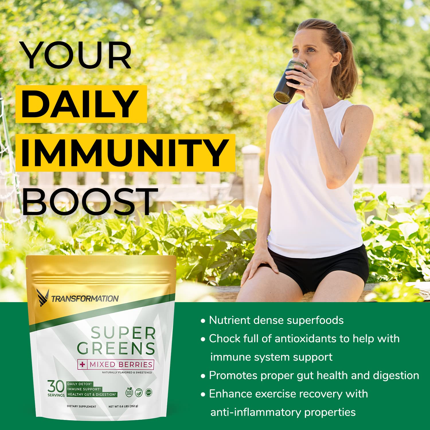 SPR BODY Transformación Super Greens verduras frescas, efecto detox suave para energizar la rutina.