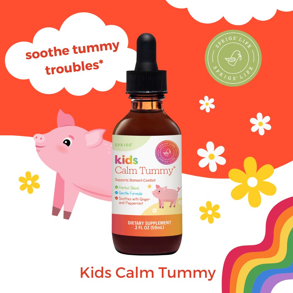 SPRIGS Kids Calm Tummy: etiqueta resalta menta, jengibre y manzanilla para la digestión