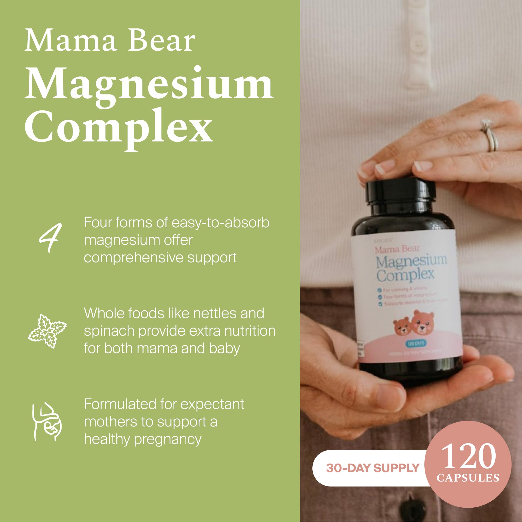 SPRIGS Mama Bear: ingredientes de ortiga y espinaca, fuente natural de nutrientes clave.