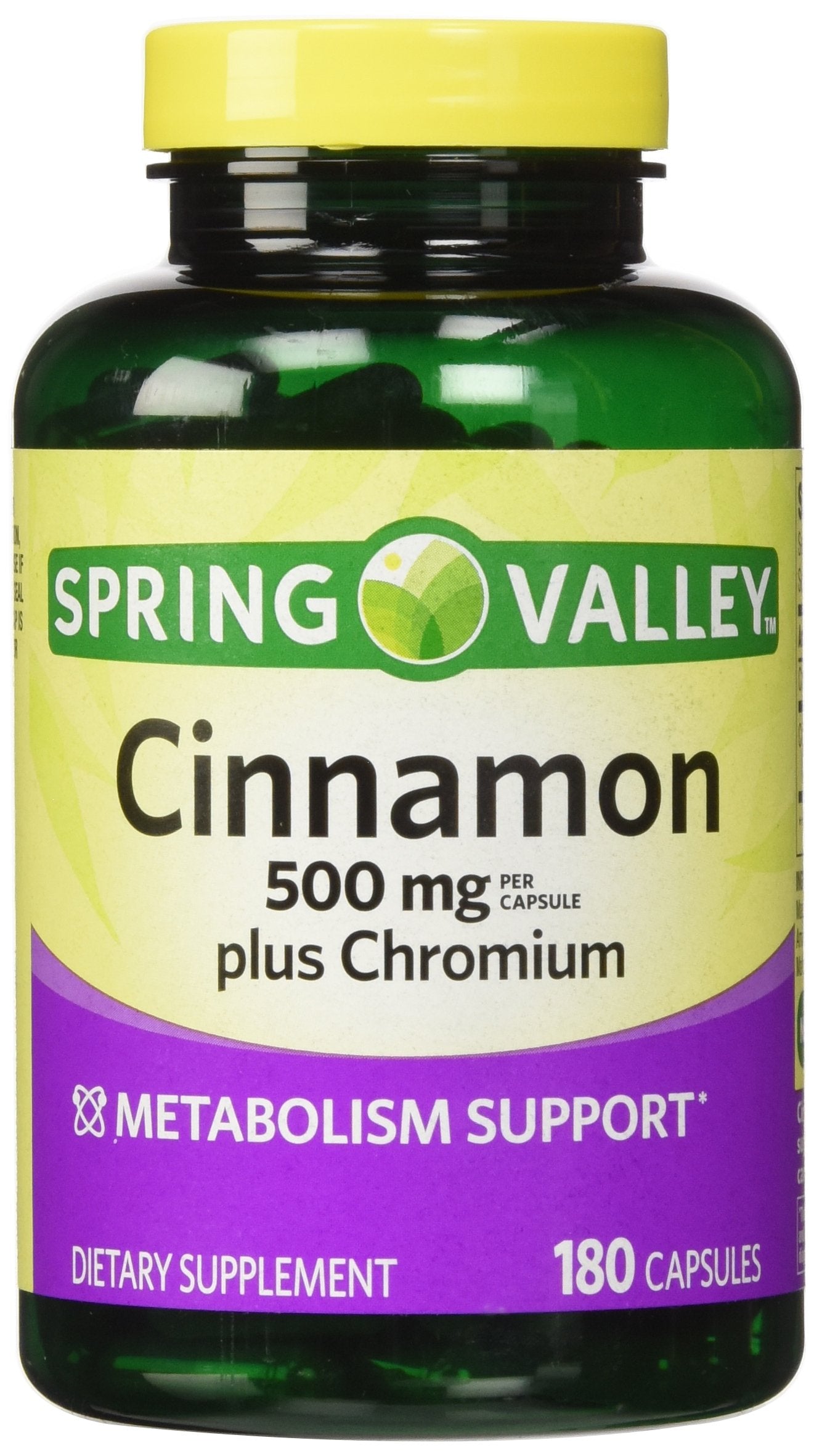 Spring Valley Canela y Cromo, botella frontal, apoyo al metabolismo de azúcares.