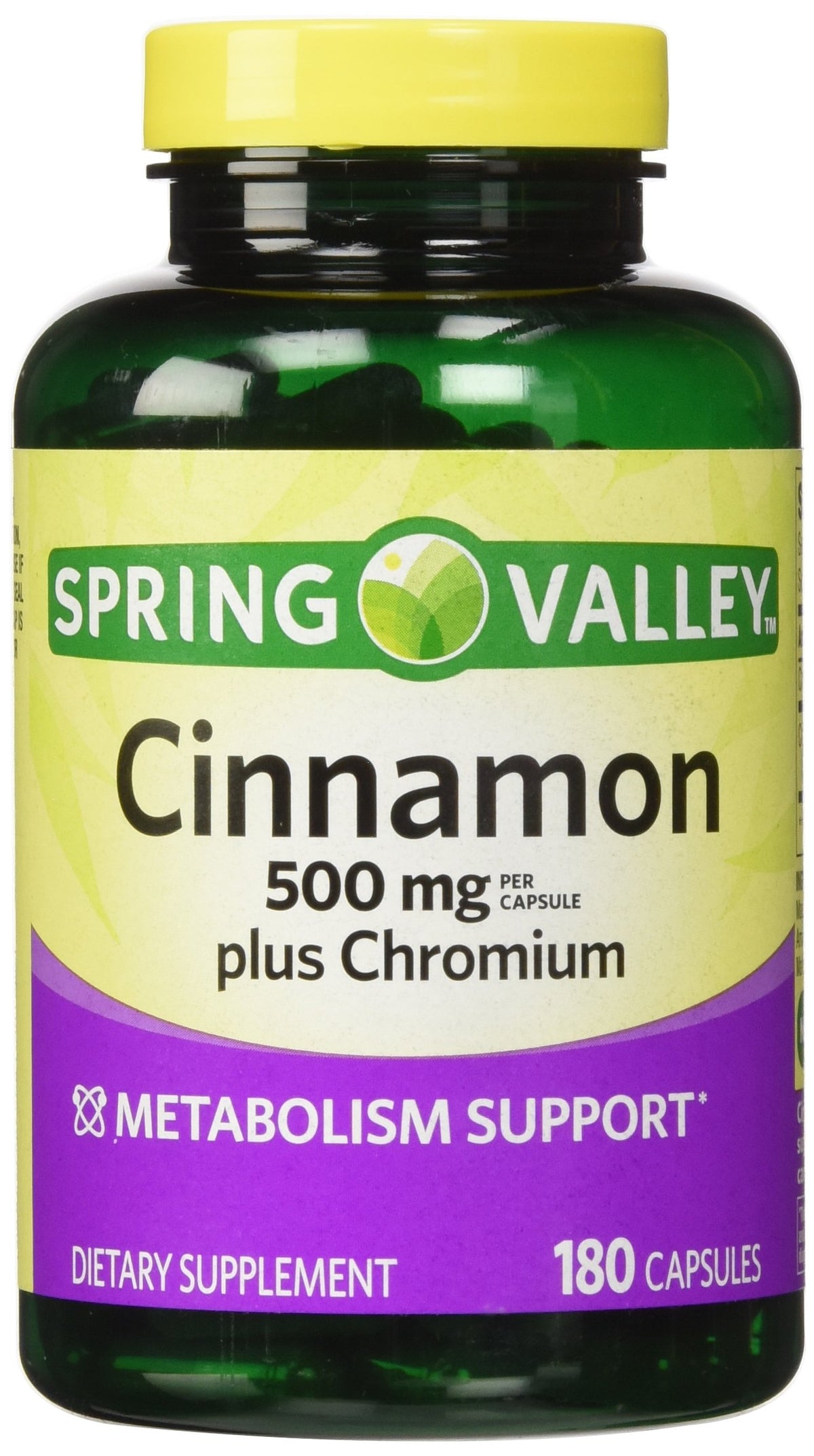 Spring Valley Canela y Cromo, botella frontal, apoyo al metabolismo de azúcares.