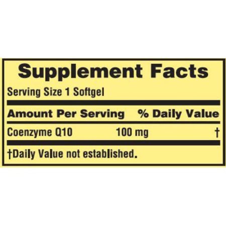 Spring Valley CoQ-10, etiqueta del envase, posible apoyo antioxidante diario.