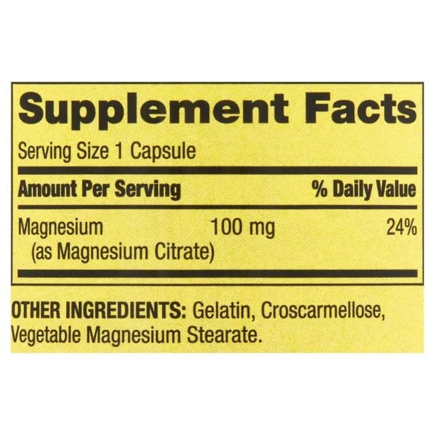 Etiquetas claras de Spring Valley Magnesio Citrato con dosis de 100 mg por cápsula.
