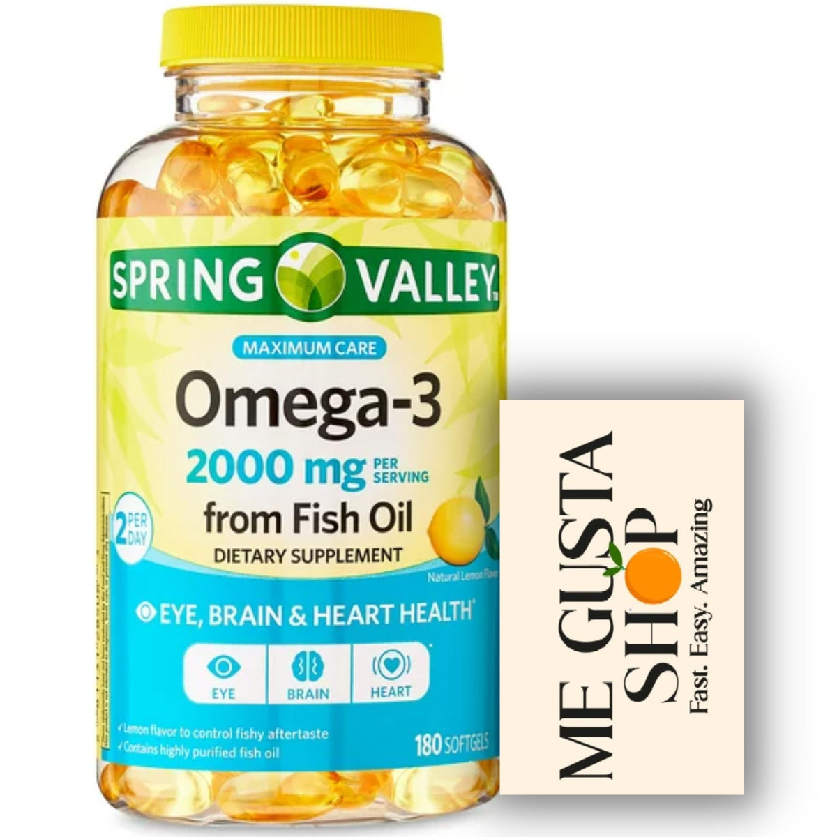 Botella de Spring Valley Omega 3, cápsulas de 2000 mg para uso diario.