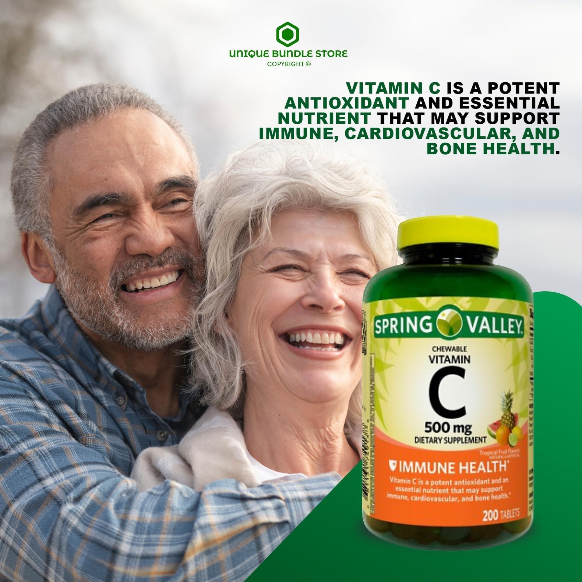 Tabletas masticables de vitamina C 500 mg con sabor tropical listos para consumir.
