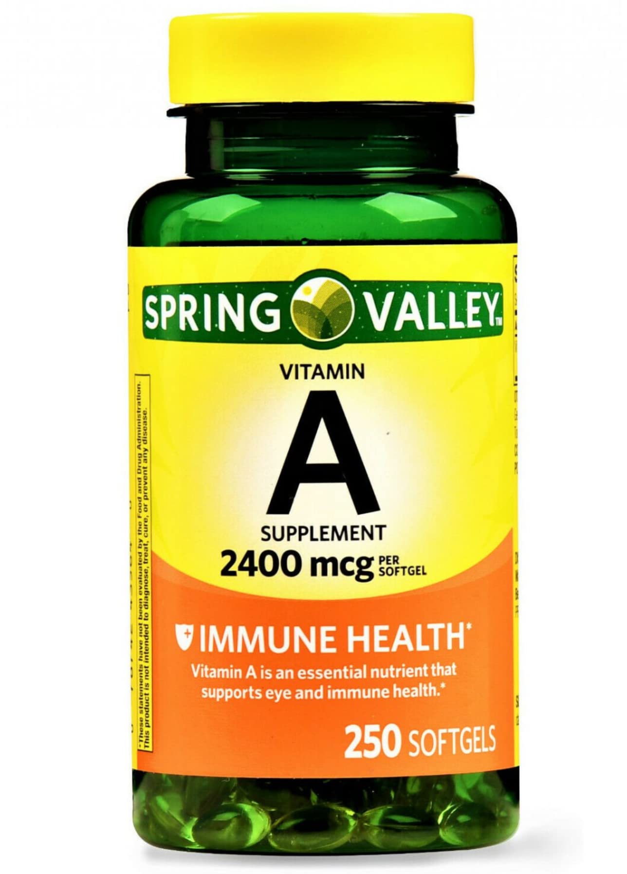 Spring Valley Vitamina A 2400 mcg, cápsulas blandas en botella para apoyo diario.