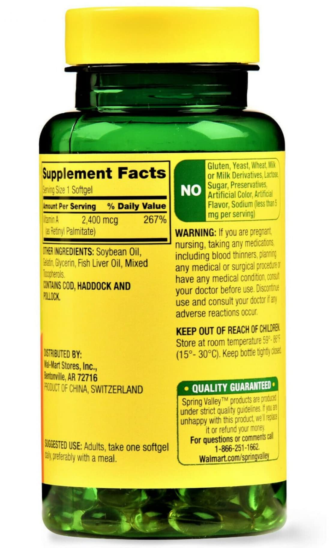 Spring Valley Vitamina A 2400 mcg, cápsulas blandas con detalle de etiqueta y visión saludable.