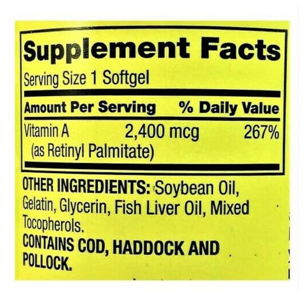 Spring Valley Vitamina A 2400 mcg, uso diario para desarrollo óseo y piel sana.
