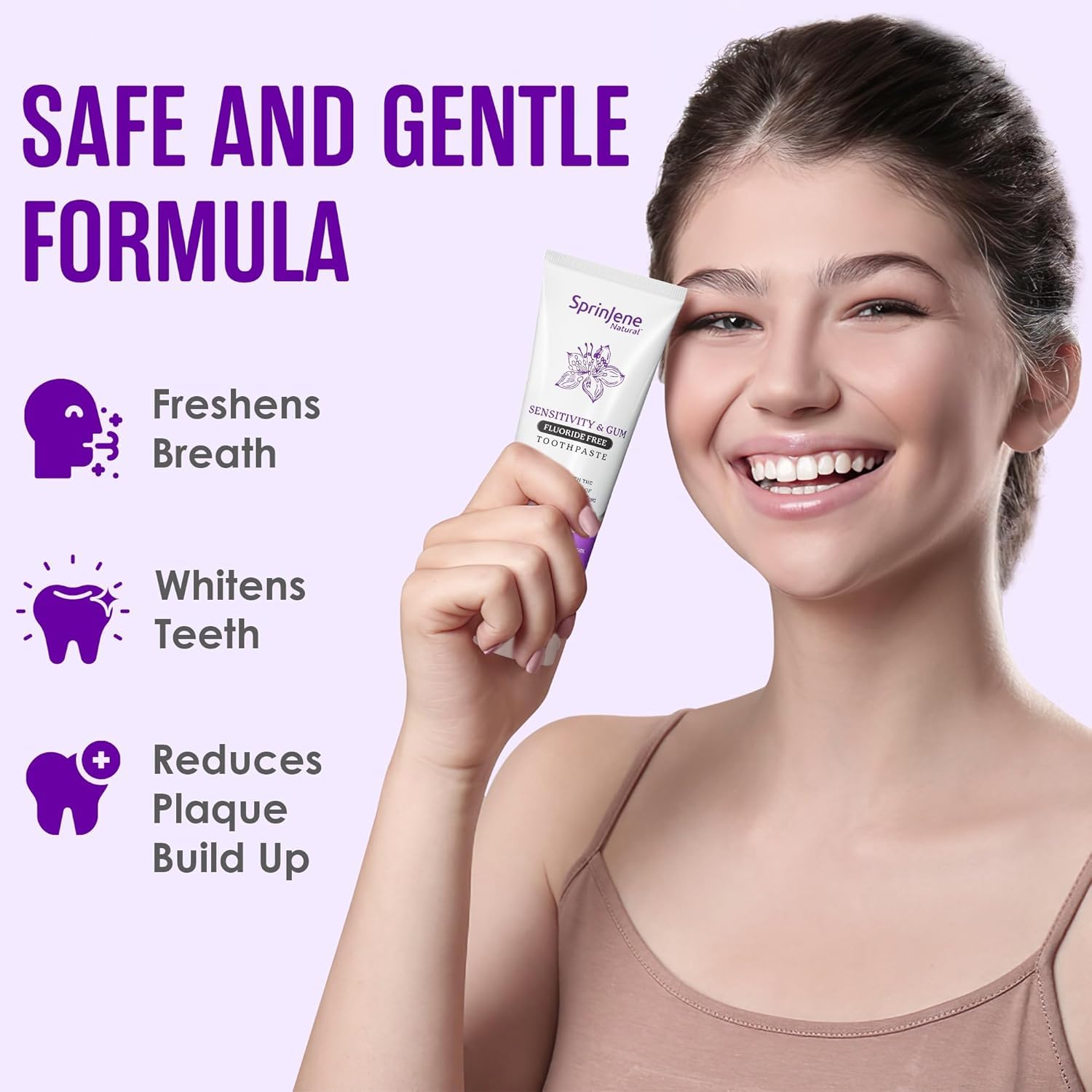 SprinJene Natural pasta dientes, ingredientes naturales, enfatizando fórmula vegana y limpia.