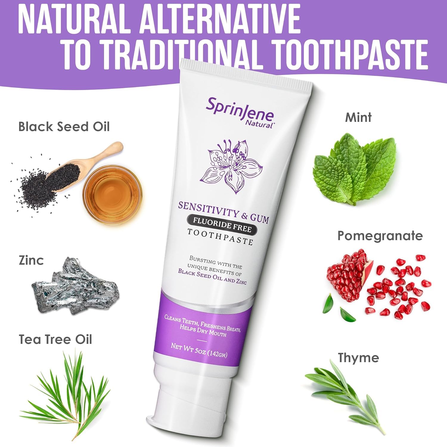 SprinJene Natural pasta dientes, mezcla de zinc y aceite negro, favorece equilibrio bucal.