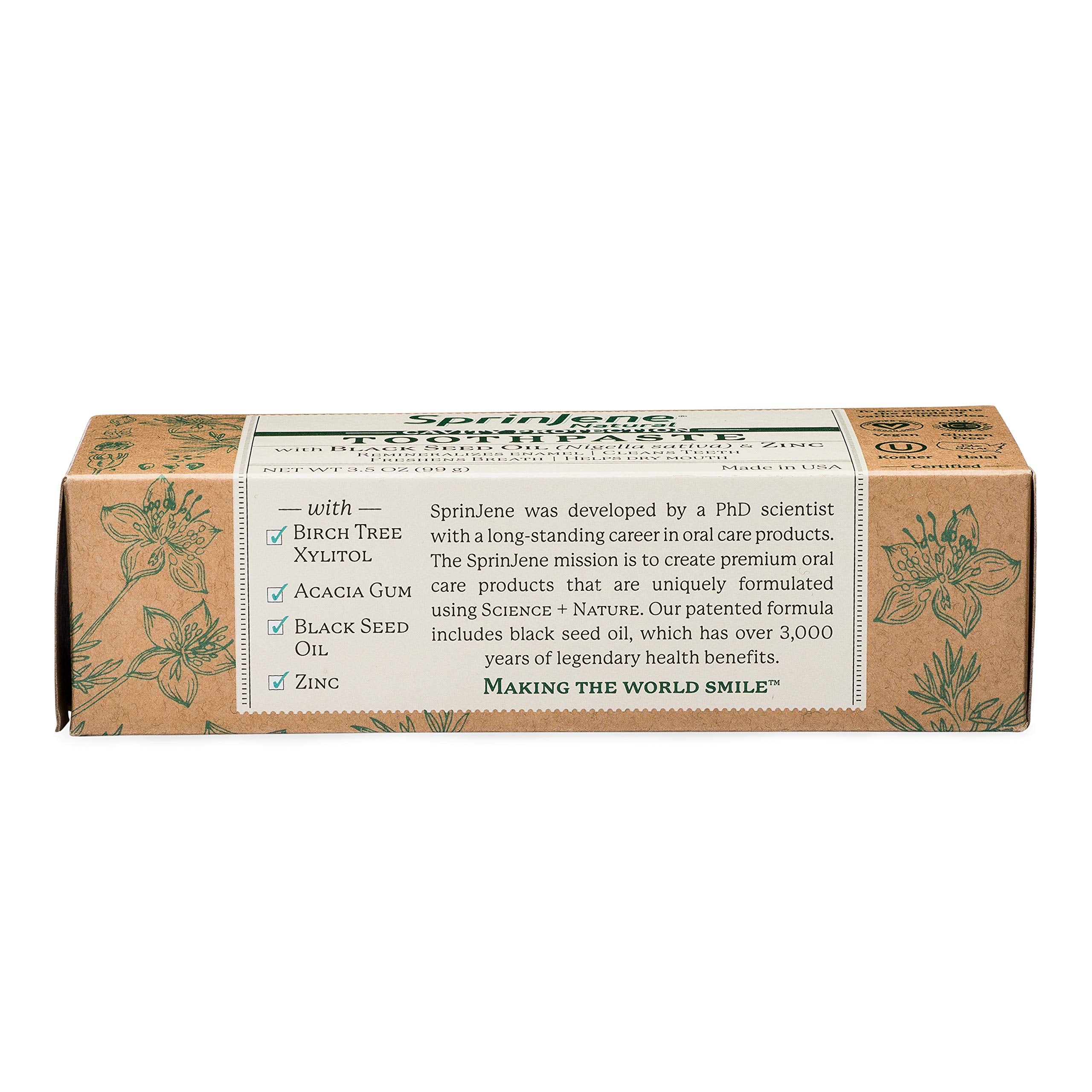 SprinJene pasta dental, envase frontal, promoción de protección bucal y sabor fresco.