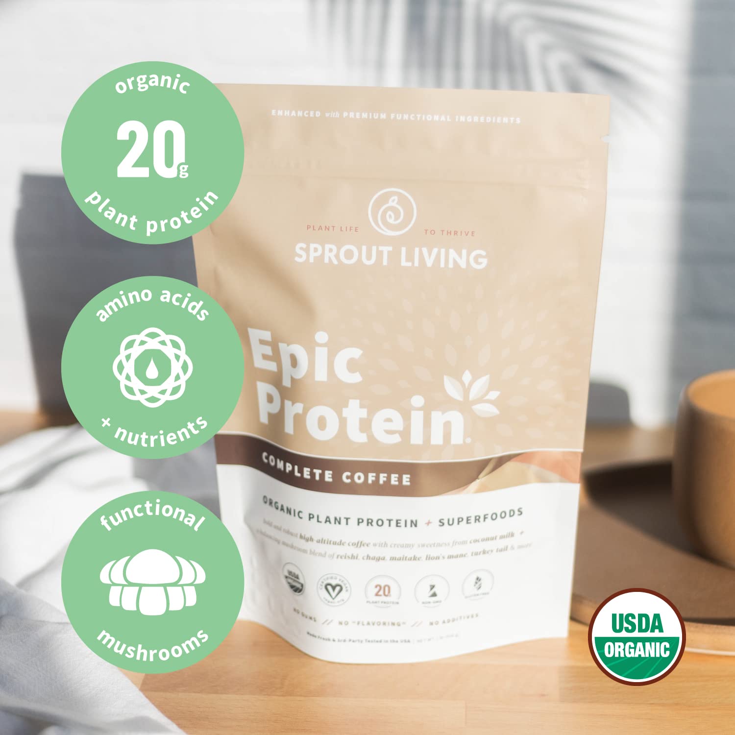 Sprout Living Epic Protein: adaptógenos y hongos para energía diaria.