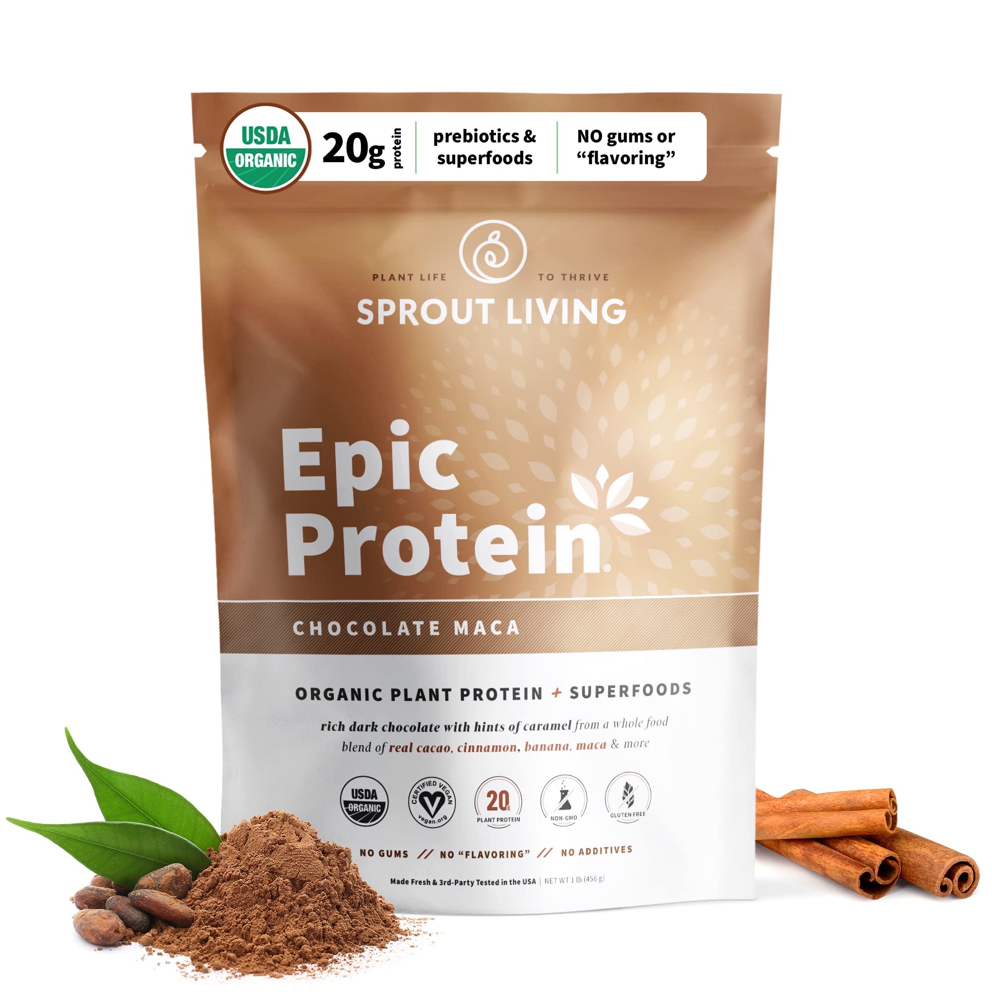 Sprout Living Epic Protein envase cacao, proteína vegetal para energía sostenida.