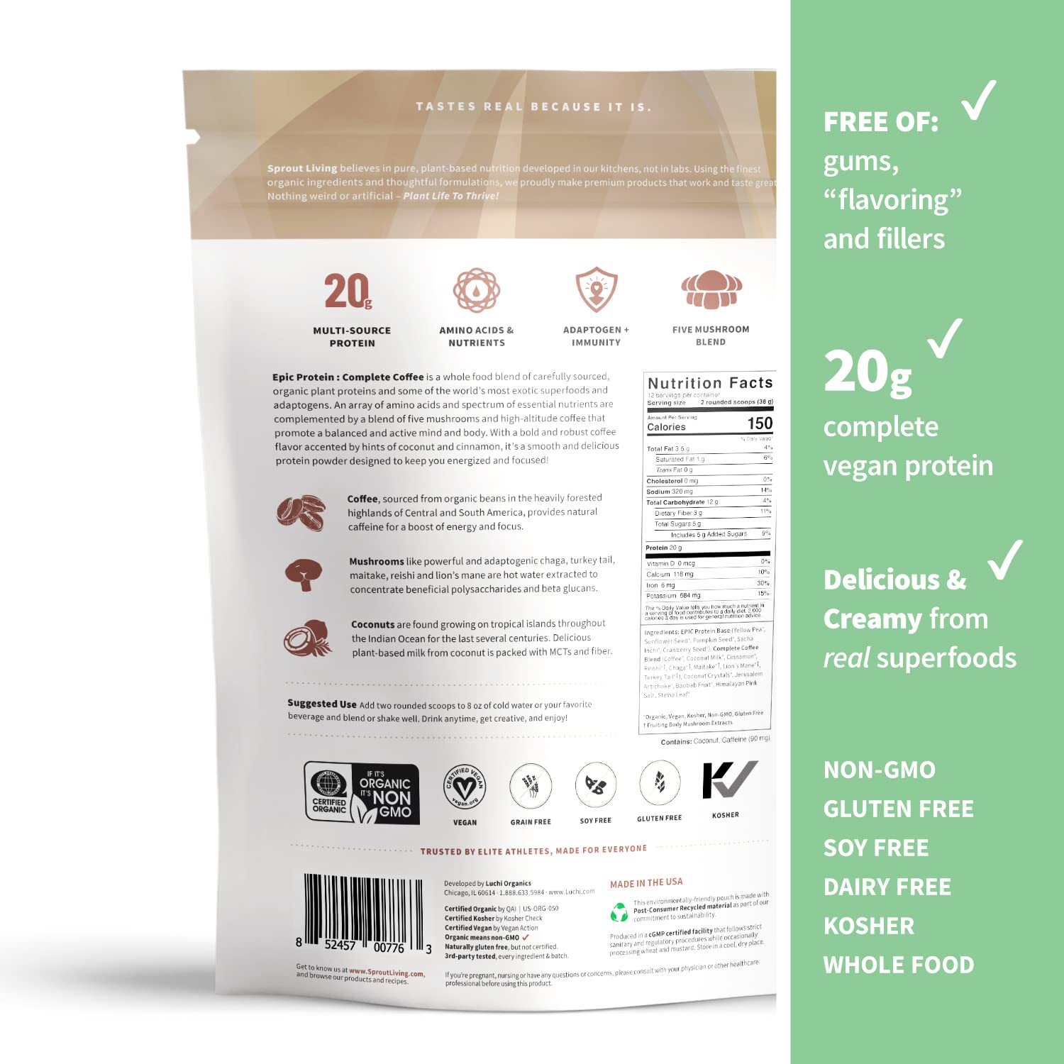 Sprout Living Epic Protein: extractos de hongos para una mezcla proteica completa.