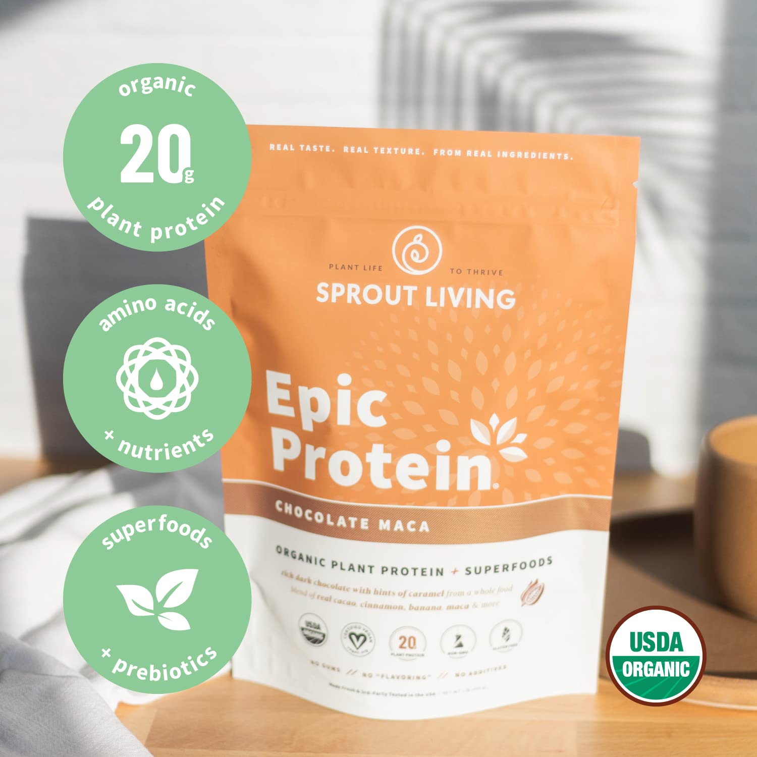 Sprout Living Epic Protein ingredientes de superfoods y antioxidantes naturales.