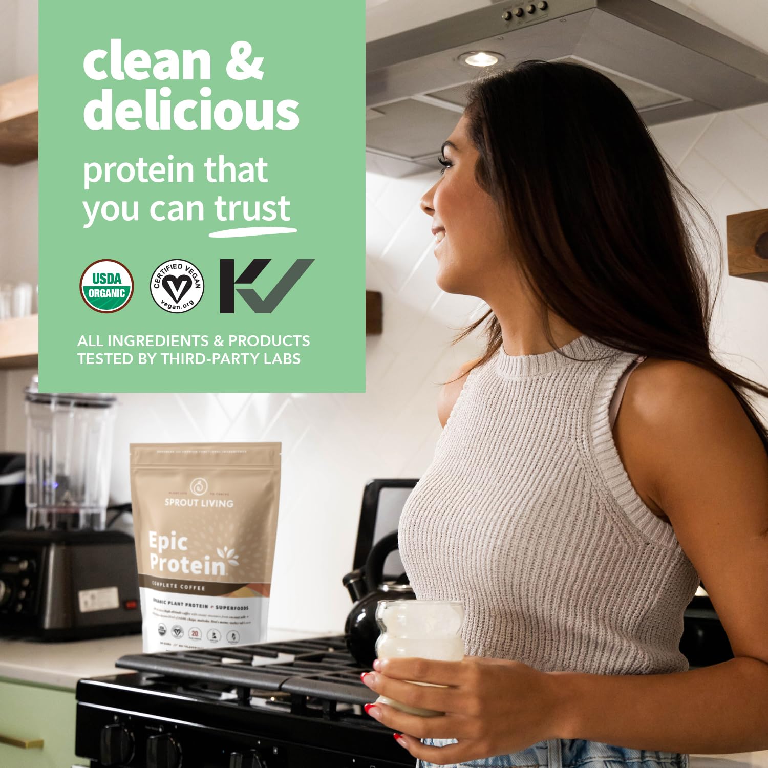 Sprout Living Epic Protein: sabor latte de café suave para licuados.