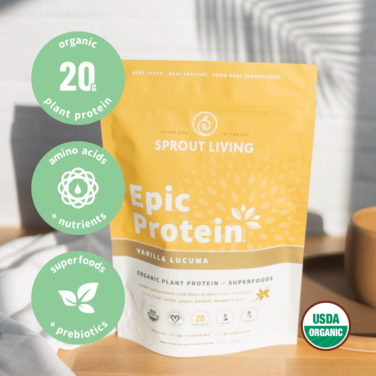 Sprout Living Epic Protein, endulzado naturalmente con stevia y azúcar de coco.