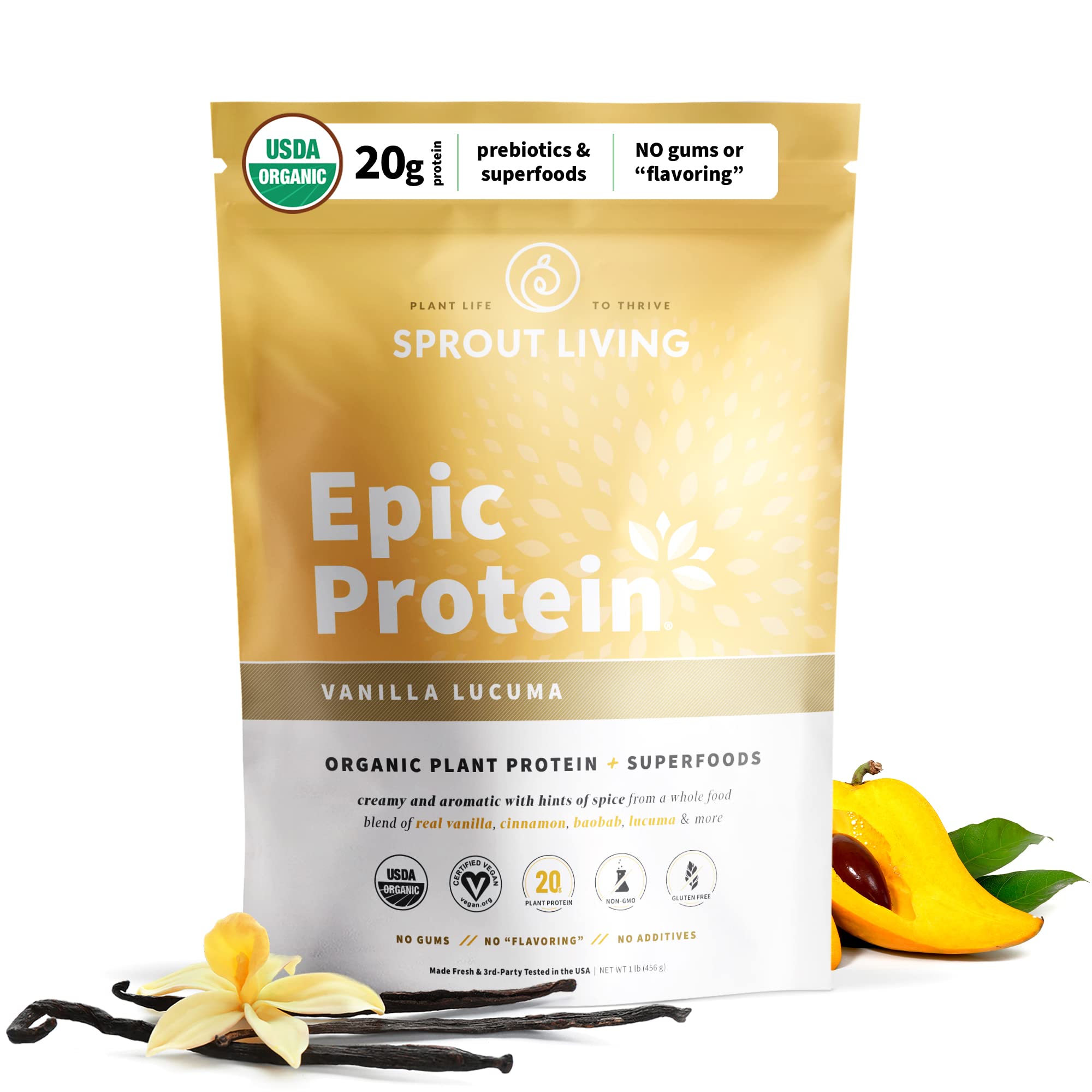 Sprout Living Epic Protein, pote vainilla lucuma, textura cremosa para batidos.
