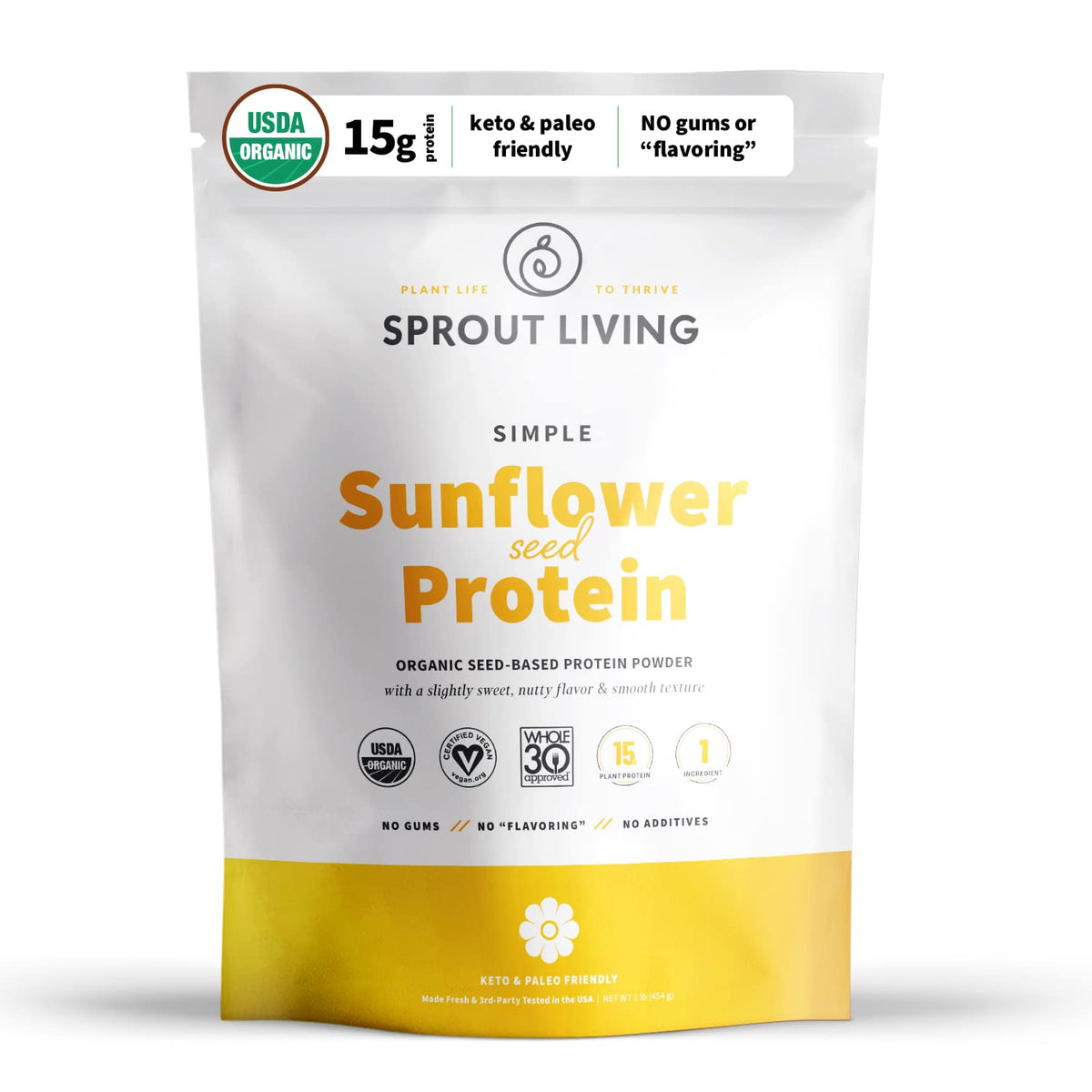 Sprout Living Proteína de Girasol en bote, ideal para batidos y perfil orgánico.