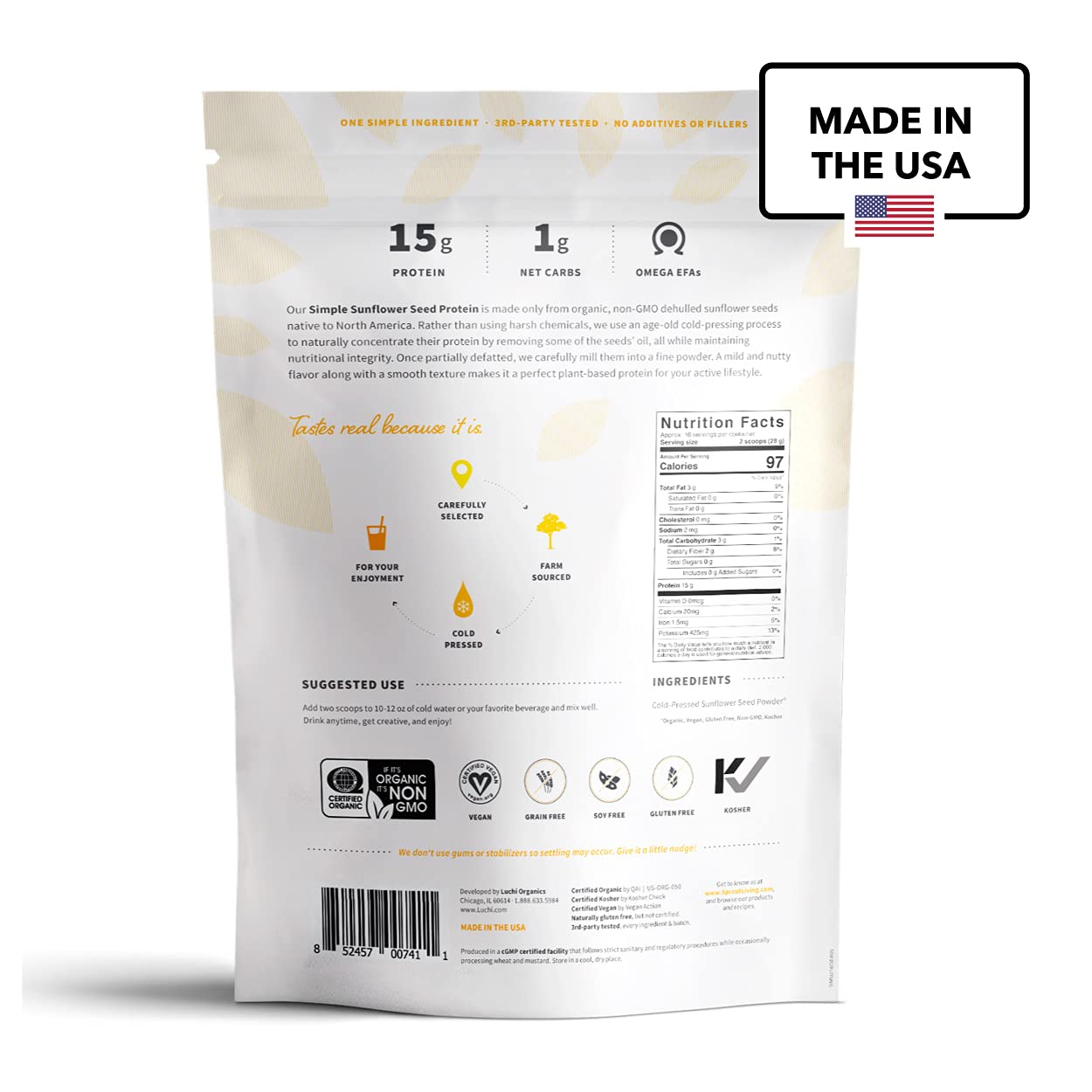 Proteína Sprout Living de girasol, sin sabores artificiales para un perfil neutro.