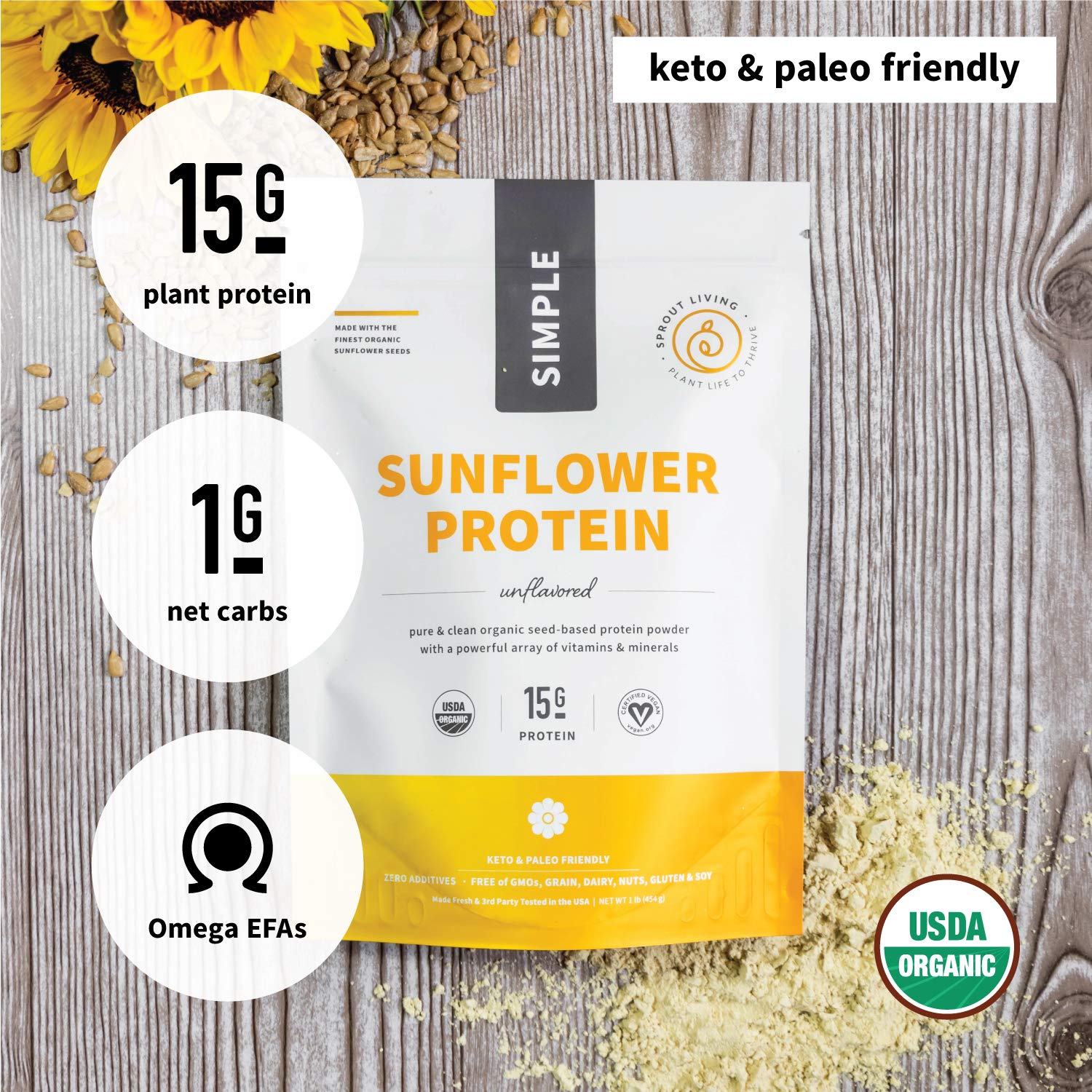 Proteína Sprout Living de girasol vegano y sin gluten para diversas dietas.