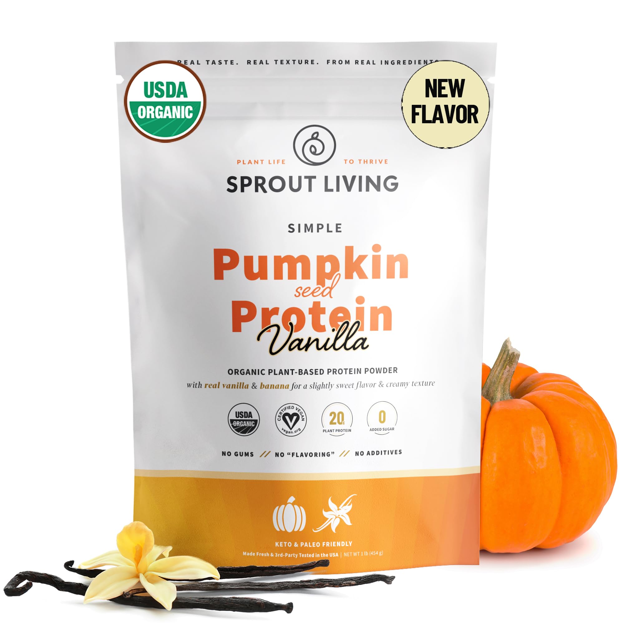 Sprout Living proteina de semilla de calabaza con vainilla en envase, fuente vegetal de proteína.