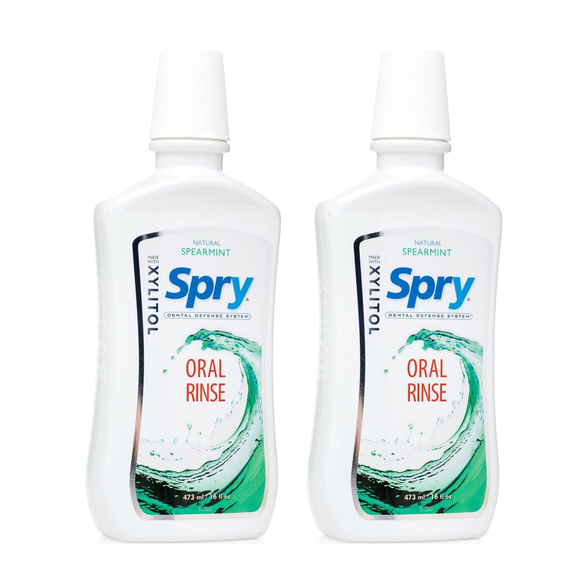 Spry enjuague bucal natural con xilitol, botella lista para uso diario.