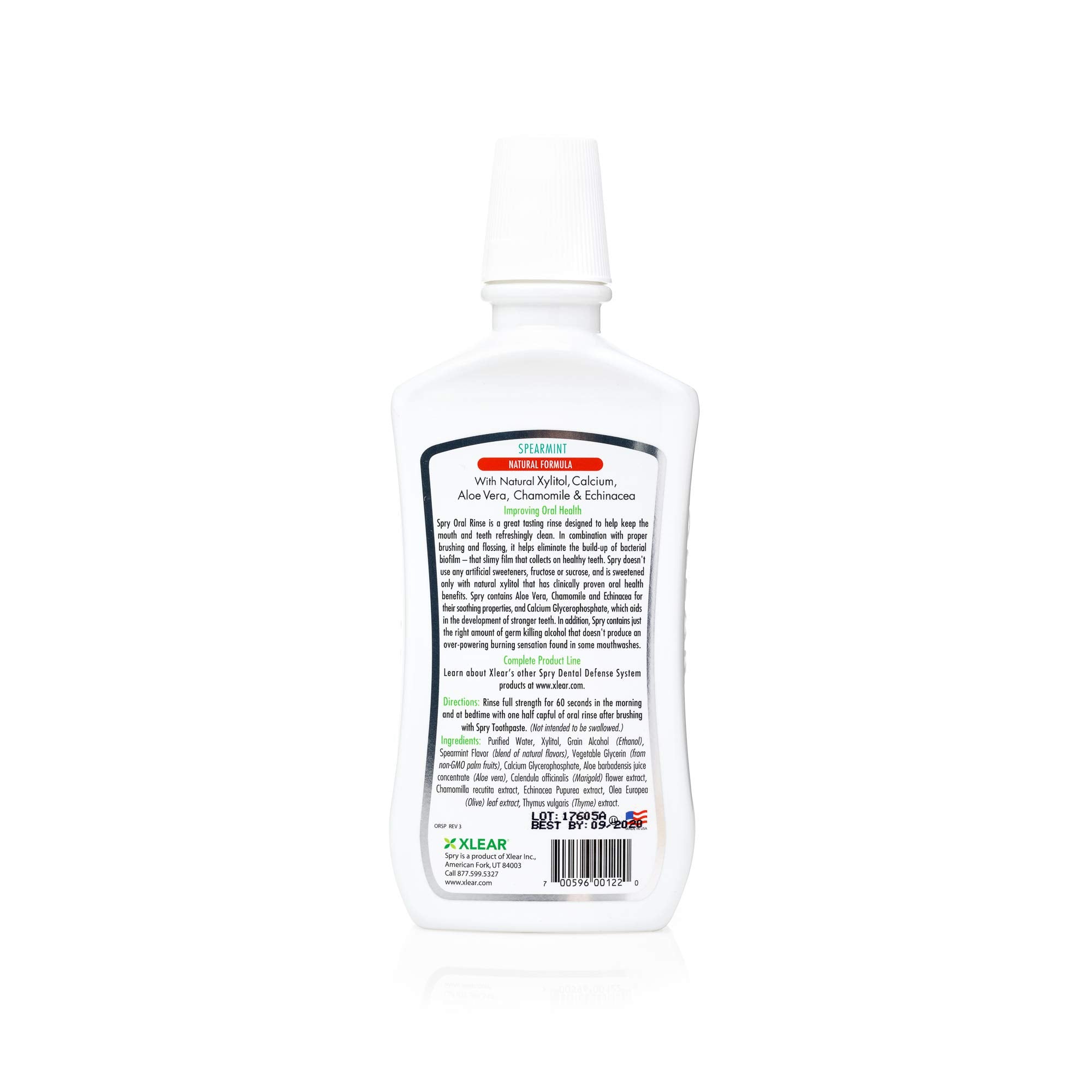 Spry enjuague bucal, etiqueta con ingredientes naturales para higiene diaria.