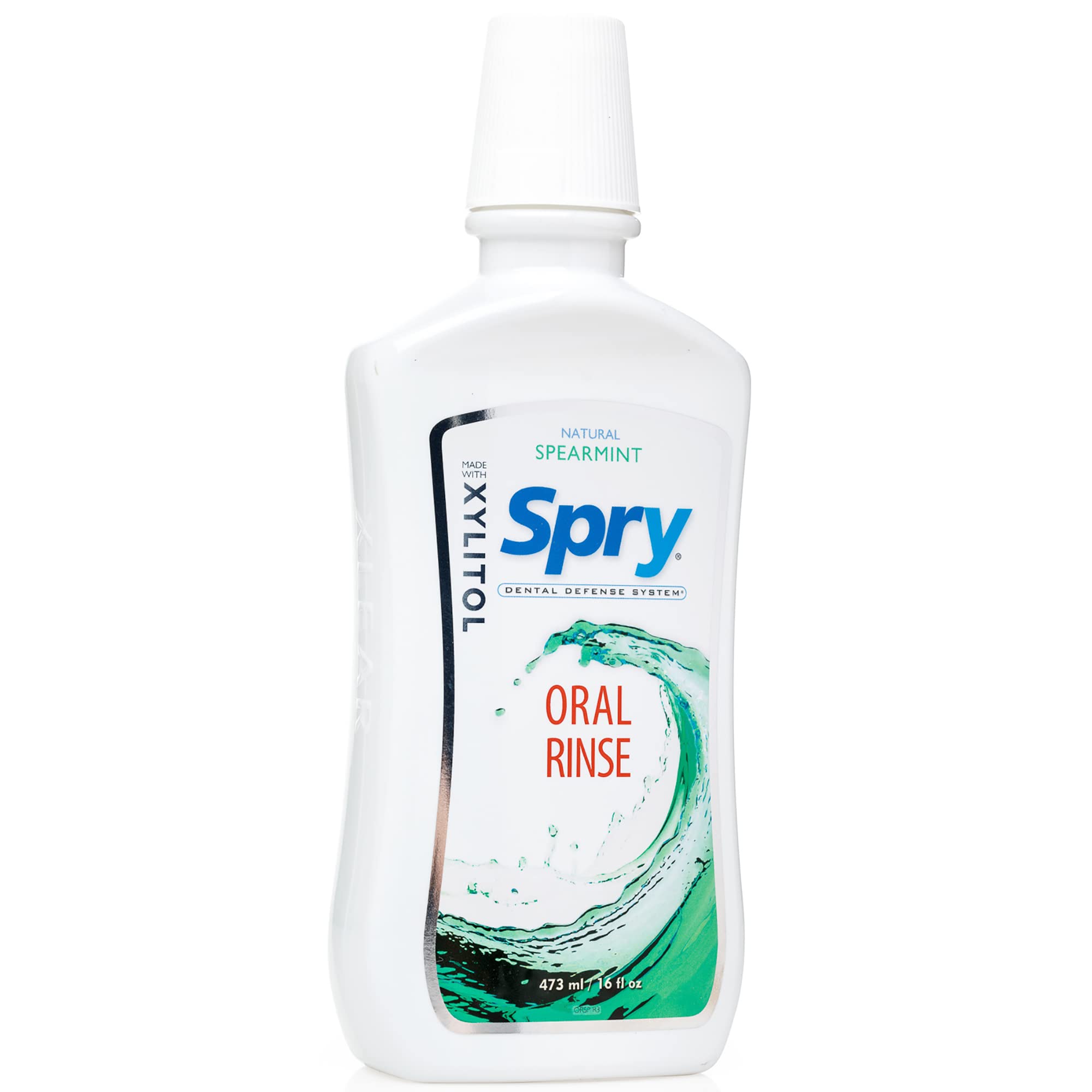 Spry enjuague bucal con xilitol, vertido suave para una rutina fresca.