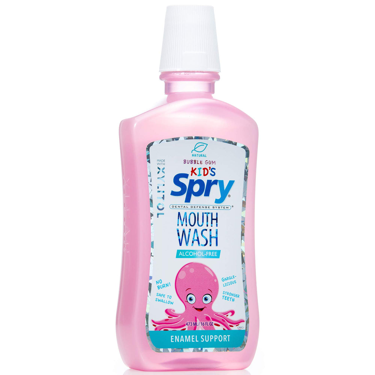 Spry Enjuague Xilitol, botella visible, ayuda a mantener aliento fresco.