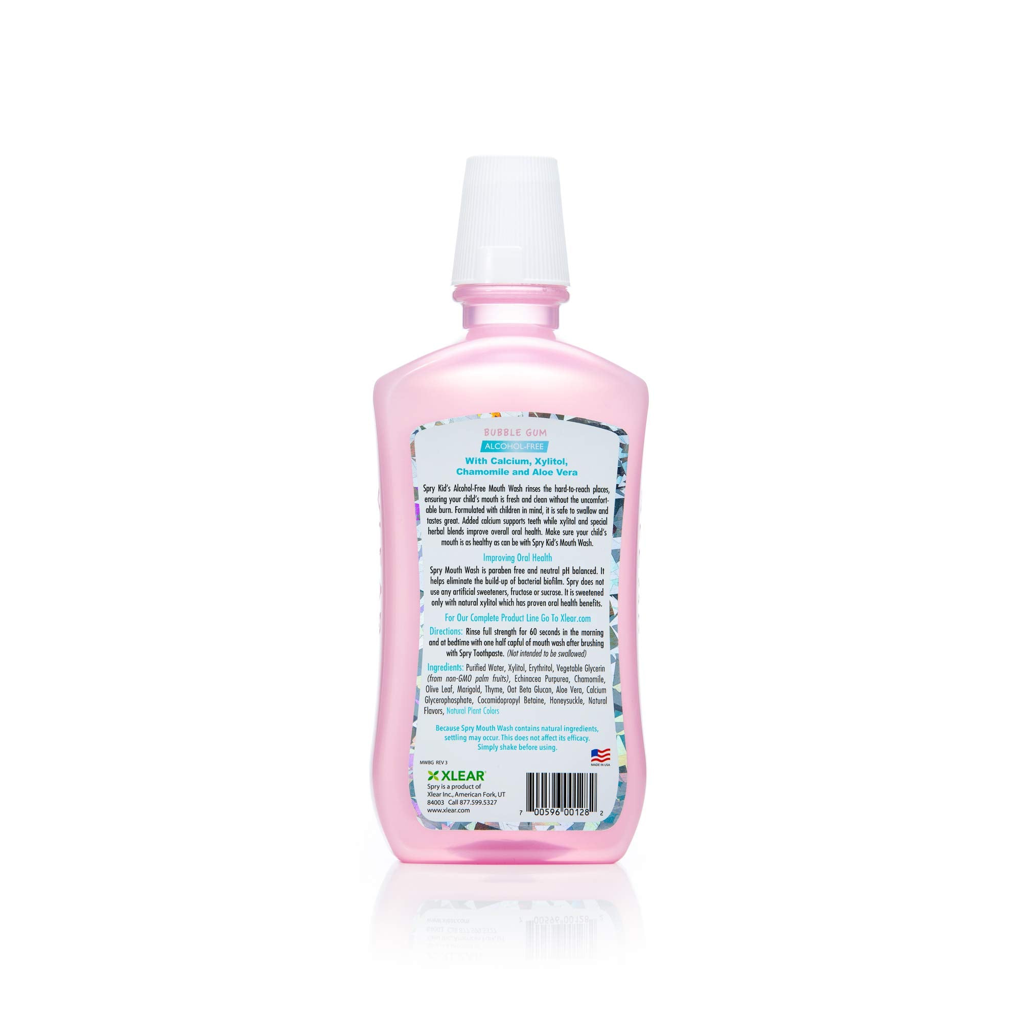 Spry Enjuague Xilitol, etiqueta frontal, sabor chicle para niños.