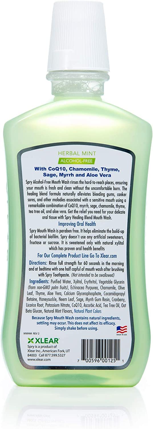 Spry frasco muestra mezcla herbal suave para encías sensibles.