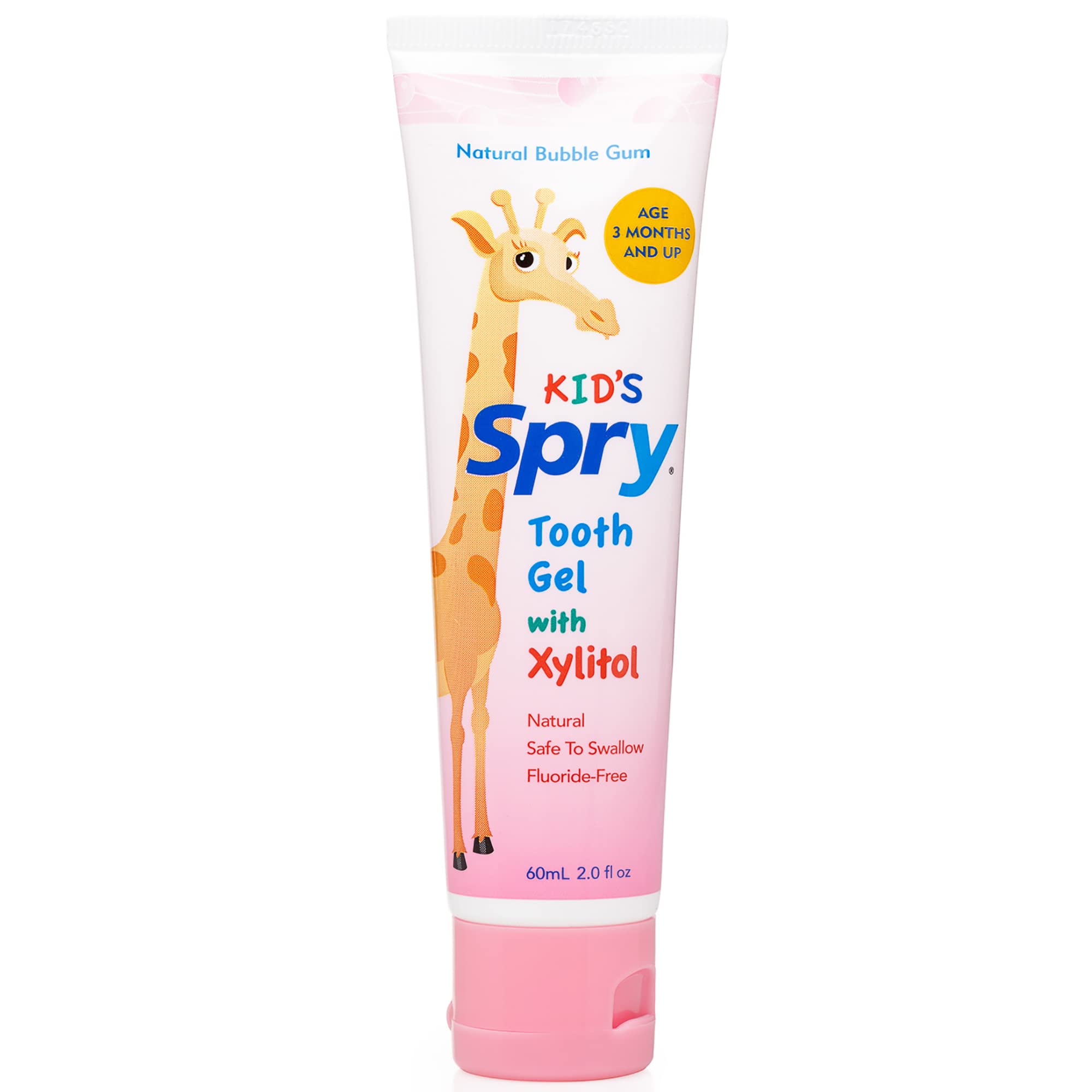 Spry gel dental natural con xilitol, envase sabor chicle, para cepillado infantil.