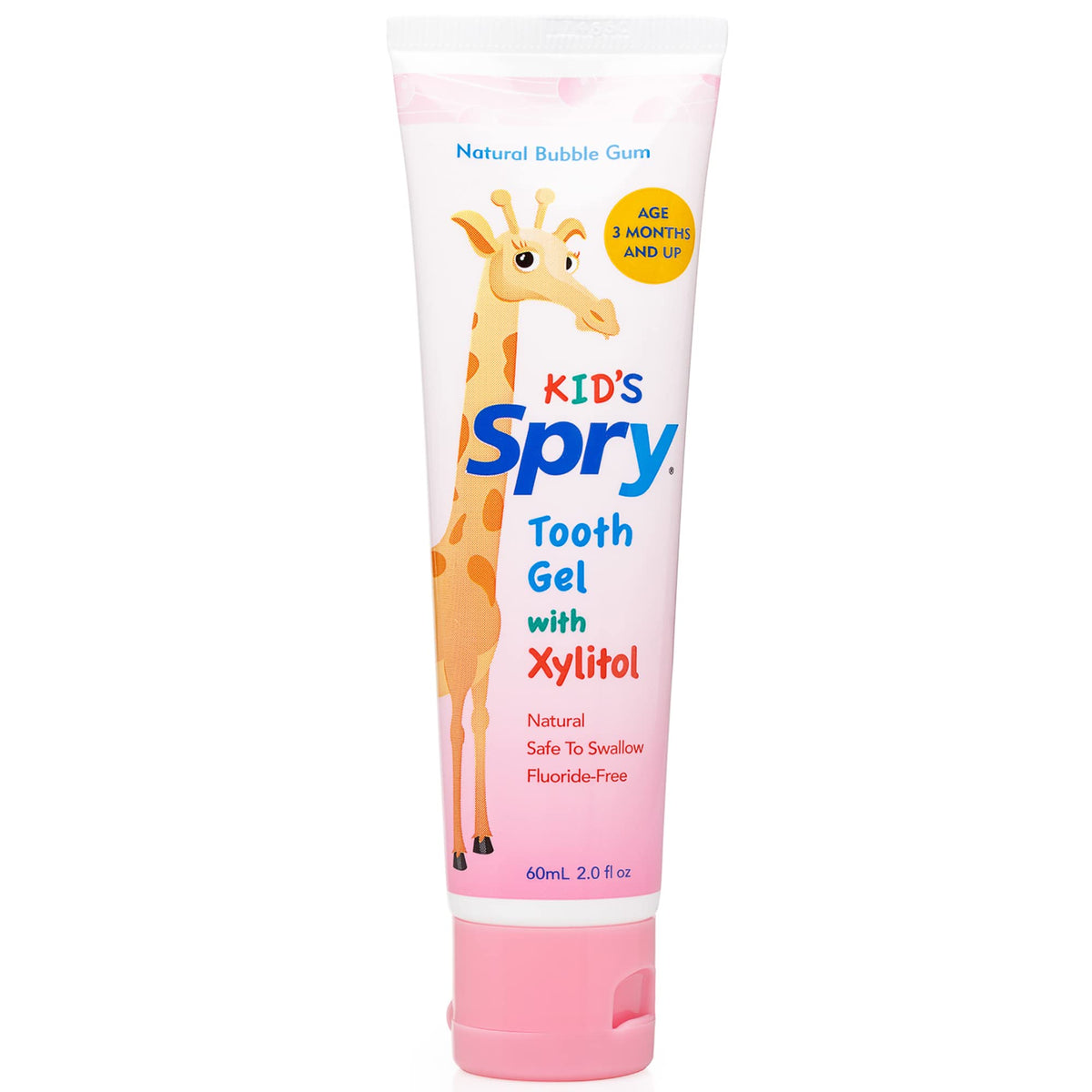 Spry gel dental natural con xilitol, envase sabor chicle, para cepillado infantil.