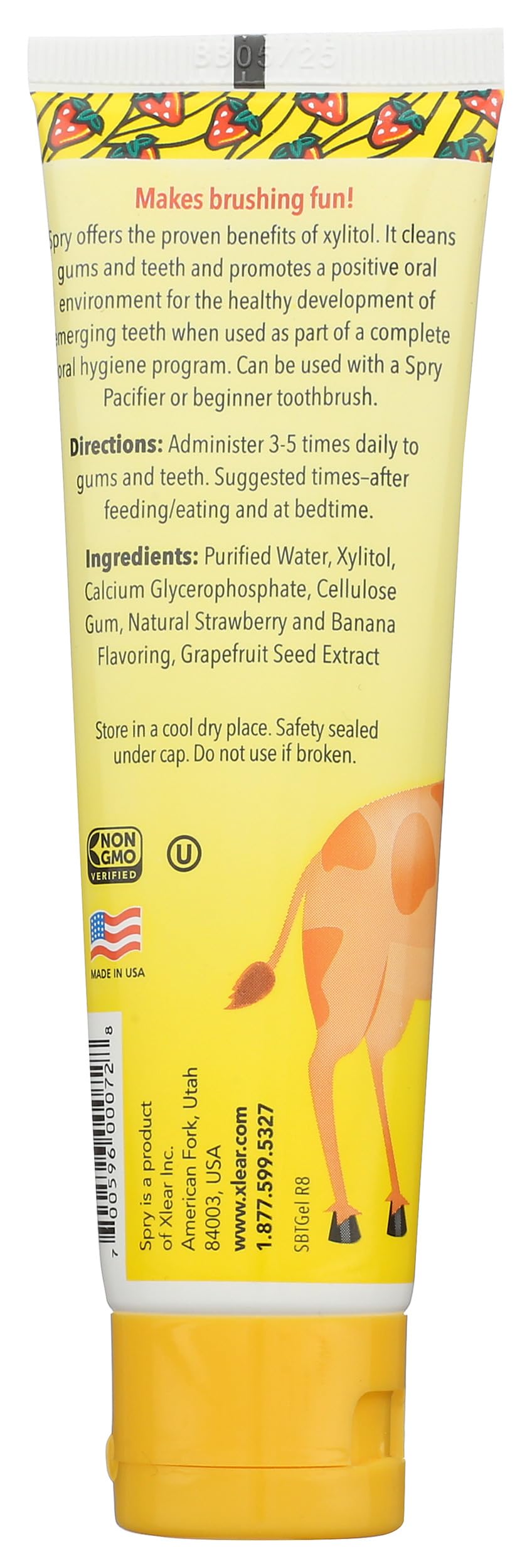 Spry pasta dental sin fluor, sabor fresa-plátano, ideal para entrenamiento de cepillado.
