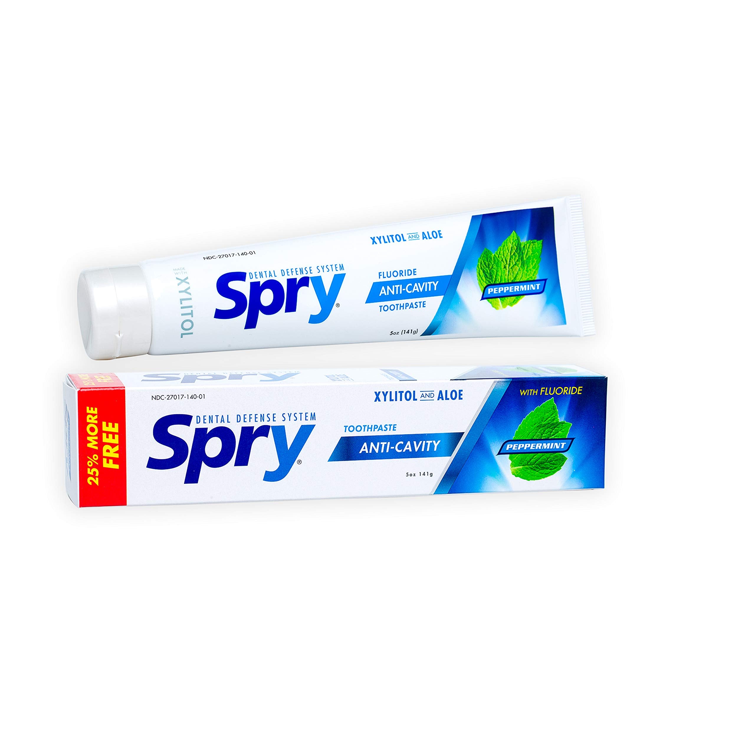 Spry pasta dental natural con xilitol, tubo visible y aliento fresco.