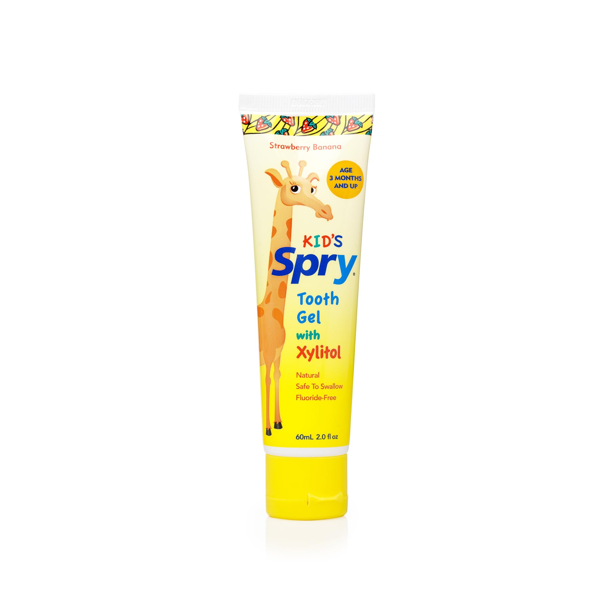 Spry pasta sin fluor para niños, sabor fresa-plátano, facilita el cepillado diario.