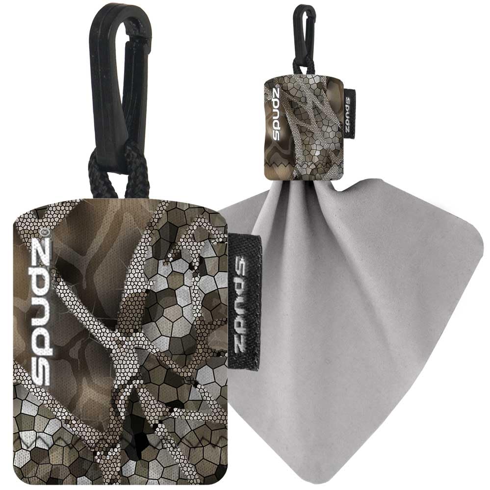 SPUDZ limpia lentes con microfibra y estuche clip, ideal para uso diario.