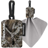 SPUDZ limpia lentes con microfibra y estuche clip, ideal para uso diario.